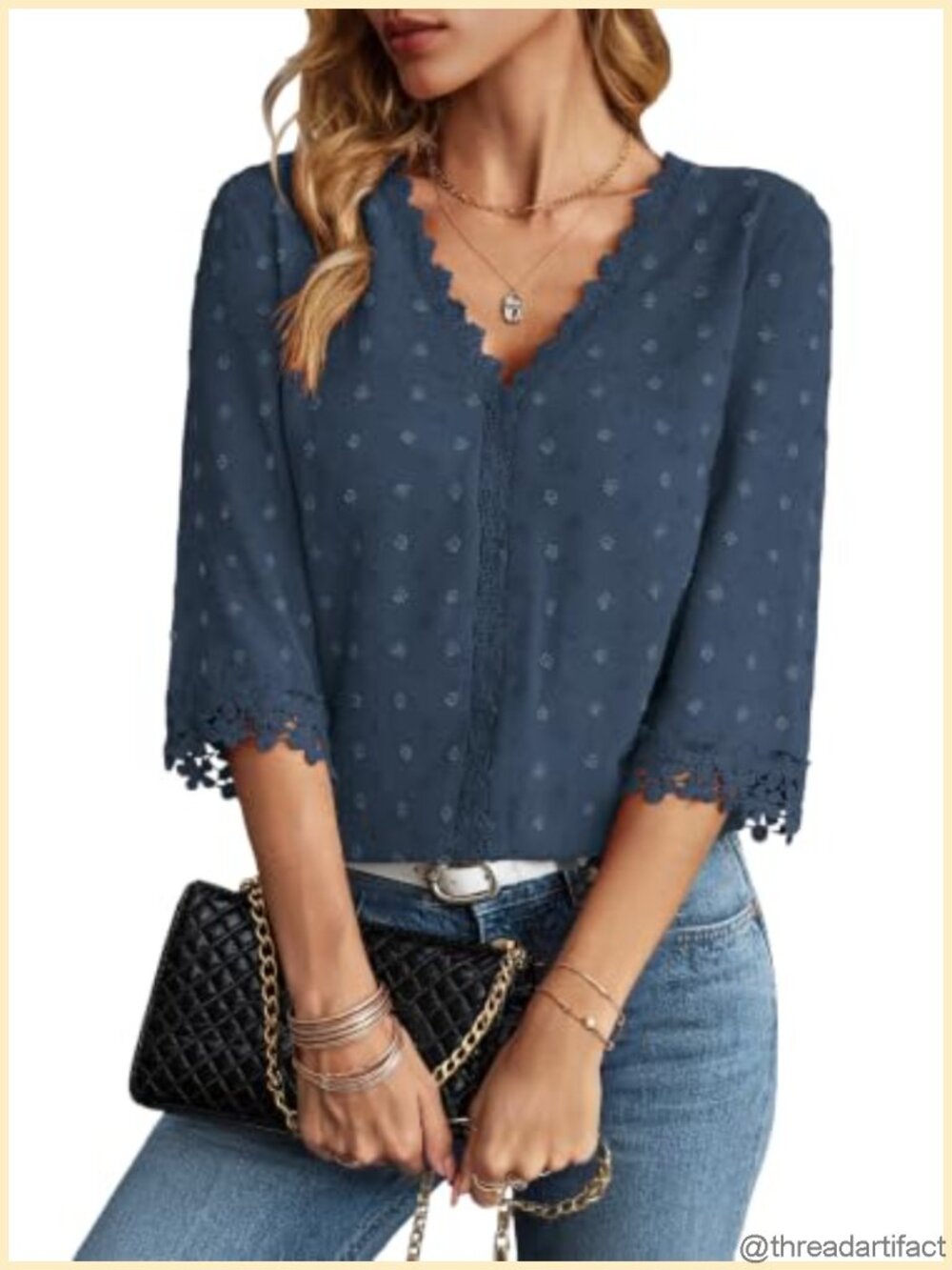 Women's V-Neck Swiss Dot Blouse with Crochet Lace 3/4 Sleeves